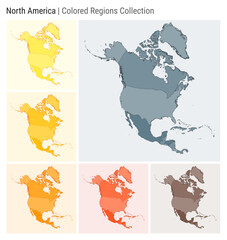 North America. Map collection. Continent shape. Colored countries. Blue Grey, Yellow, Amber, Orange, Deep Orange, Brown color palettes. Border of North America with countries. Vector illustration.