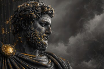 Surreal 3D illustration of an ancient Greek statue made of black marble with gold details. Contemporary art in digital format