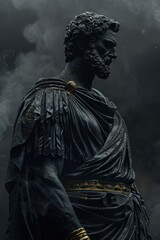 Obraz premium Surreal 3D illustration of an ancient Greek statue made of black marble with gold details. Contemporary art in digital format
