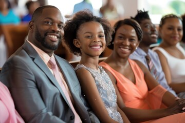 Happy African American family sitting in a pew at church and smiling at the camera during the ceremony. Isolated on white background.