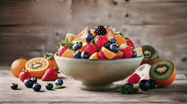 8K Delight: Vibrant Seasonal Fruit Salad in a Ceramic Bowl