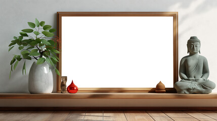 Chinese Mockup wood frame photo. Buddha statue inside in room. Vertical boarder Mock-up. Empty board photo frame. Ai generated. Colorful PNG illustration