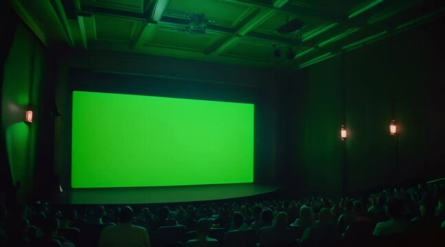 Cinematic Engagement: Captivated Audience in a Movie Theater Watching a Blockbuster on a Green Screen