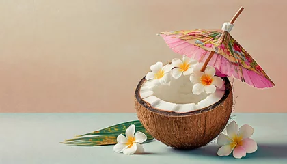 Fototapeten Tropical Coconut Cocktail with Plumeria Flowers © Patrycia