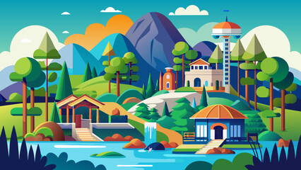 landscape-of-a-tourist-park-with-houses background vector 