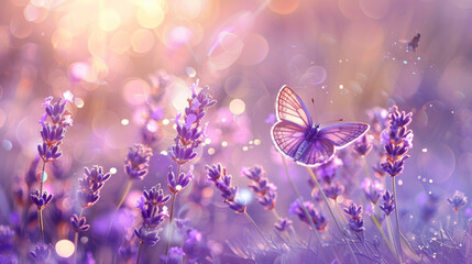 Ethereal Butterfly Dance: Lavender Flowers, Mist, and Sunlight in Dreamy Garden. Background