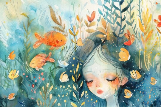 Illustration of dreaming girl surrounded by fish - A dream-like image depicting a girl's face peacefully surrounded by orange fish and aquatic vegetation in an underwater setting