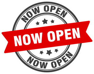 now open stamp. now open label on transparent background. round sign