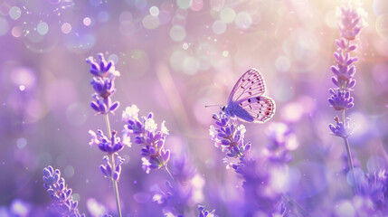 Ethereal Butterfly Dance: Lavender Flowers, Mist, and Sunlight in Dreamy Garden. Background