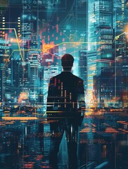 Man overlooking neon cityscape with charts - A futuristic view of a man silhouetted against a vibrant neon cityscape overlaid with financial charts and data - obrazy, fototapety, plakaty