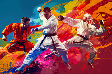 Mix martial art digital portrait, Ethereal wrestling concept Art, eye catching surreal boxing players surround by vibrant and abstract colors, Creative fantasy fighting MMA figure wallpaper concept