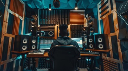 Music producer working in a modern studio - A music producer is seen from behind focusing on producing music with advanced studio equipment and sound system