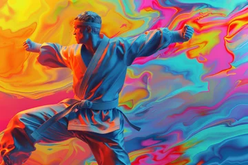 Fotobehang Mix martial art digital portrait, Ethereal wrestling concept Art, eye catching surreal boxing man surround by vibrant and abstract colors, Creative fantasy fighting MMA figure wallpaper concept © Ishra