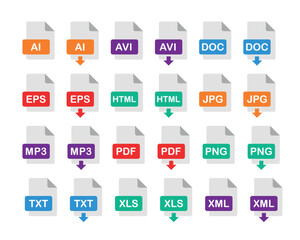 file format icon set, file extensions, popular files format flat vector sign