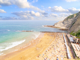 Itzurun beach and rocks from above, Zumaia coast of Pais Vasco Spain - obrazy, fototapety, plakaty
