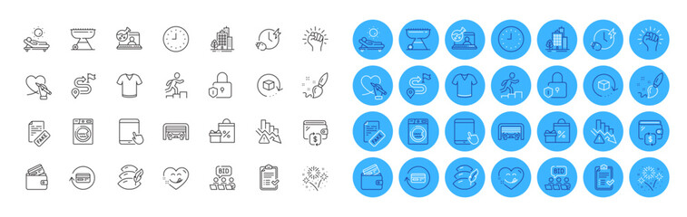 Fireworks, Journey and Laundry line icons pack. Parking garage, Fake news, Clock web icon. Social care, Wallet, Grill pictogram. Charging time, Shopping, Deflation. Approved checklist. Vector