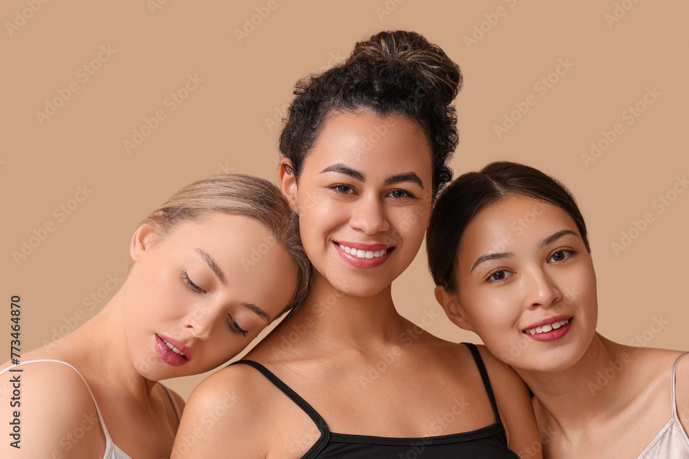 Sticker Beautiful young women on brown background