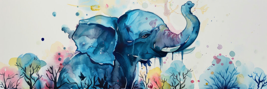 Vibrant Watercolor Elephant and Trees - A striking watercolor image featuring a majestic elephant amidst vivid, colorful trees and splashes of paint