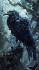 Fototapeta premium Majestic raven in a mystical forest - A stunningly detailed raven stands amidst a magical forest, surrounded by intricate foliage and mist