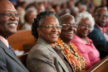 Elderly community members at church, a joyful African American woman in the center, surrounded by friends and family.