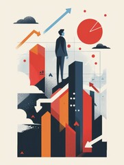 Businessman overseeing economic growth charts - A stylized illustration of a man standing atop skyscrapers, gazing at an array of upward and downward financial trends represented by arrows and pie cha