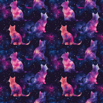 seamless pattern of watercolor colorful space cats
