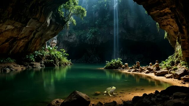 Beautiful natural scenery, small river in the cave, frogs and echidnas. Seamless looping 4k time-lapse animation video background