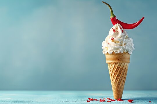 delicious ice cream cone with hot red chili pepper on blue background