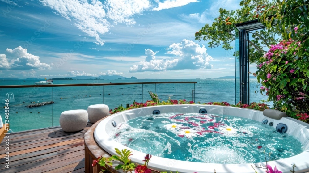 Sticker luxurious bathtub with colorful flowers with sea and sky views.ai generated image