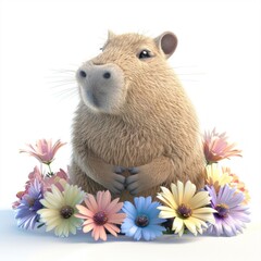 a cute capybara sitting surrounded by colorful flowers.