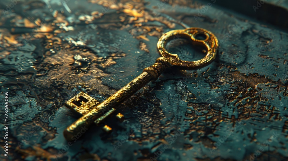 Aufkleber A shiny golden key placed on a metallic surface. Suitable for various concepts