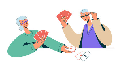 Happy senior couples playing card games. Older men and women spending time together, playing bridge or poker