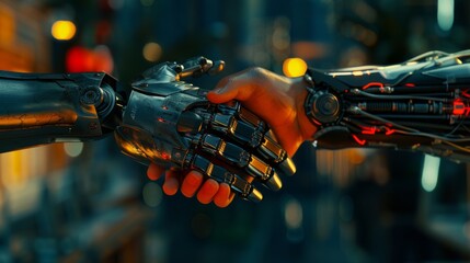Human And Robot Handshake, Advanced Robotics Technology, Artificial Intelligence AI, Human-Robot Collaboration, Futuristic Cyborg Concept