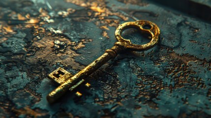 A shiny golden key placed on a metallic surface. Suitable for various concepts