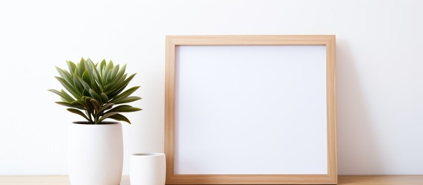 A plant in a elegant white vase placed beside a stylish picture frame on a table