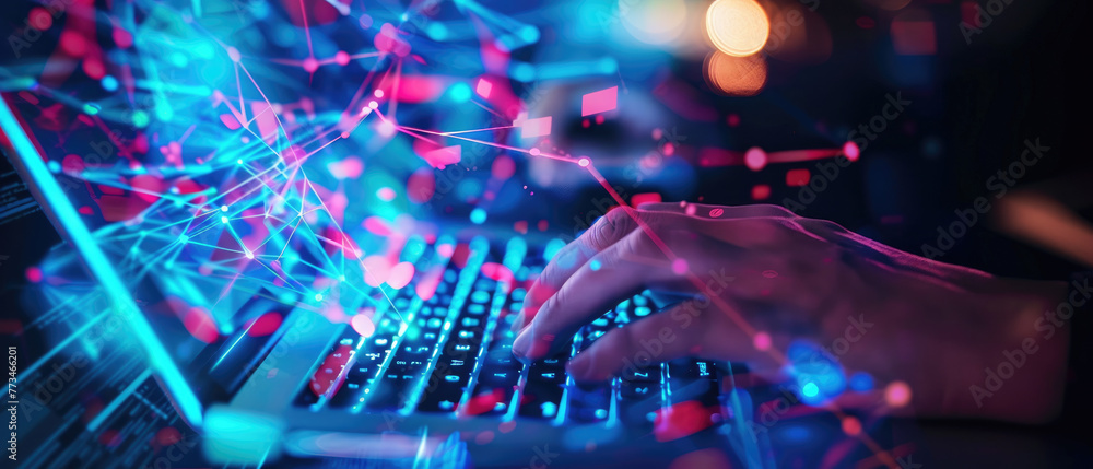 Poster modern laptop with polygonal data pattern, user hands and tech red lights, abstract digital backgrou