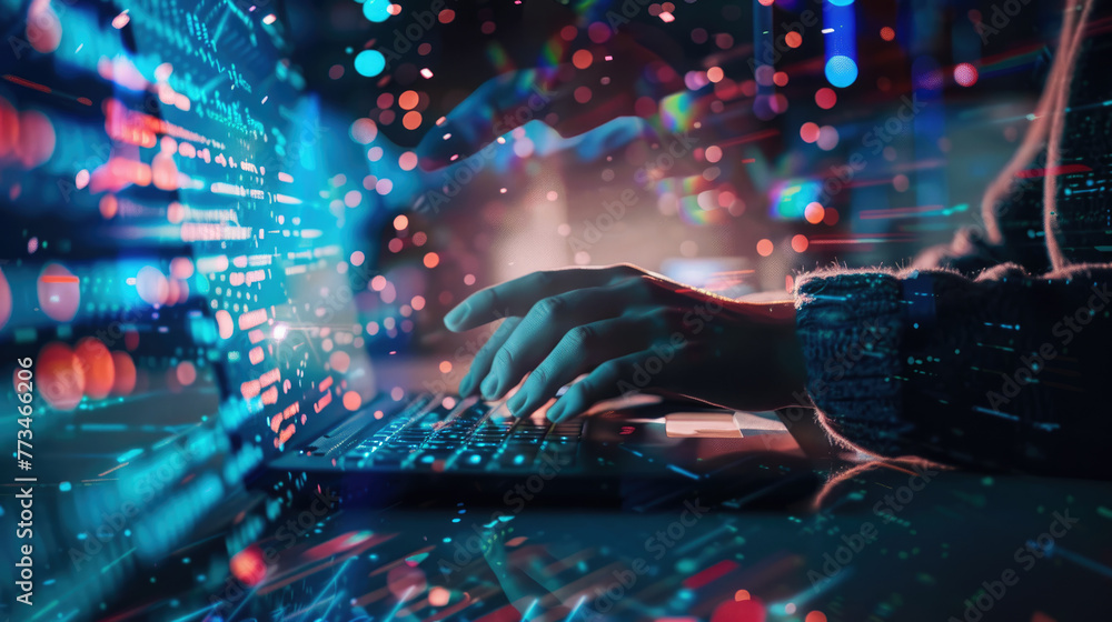 Poster modern laptop with data lights pattern, user hands on abstract dark digital background. concept of n