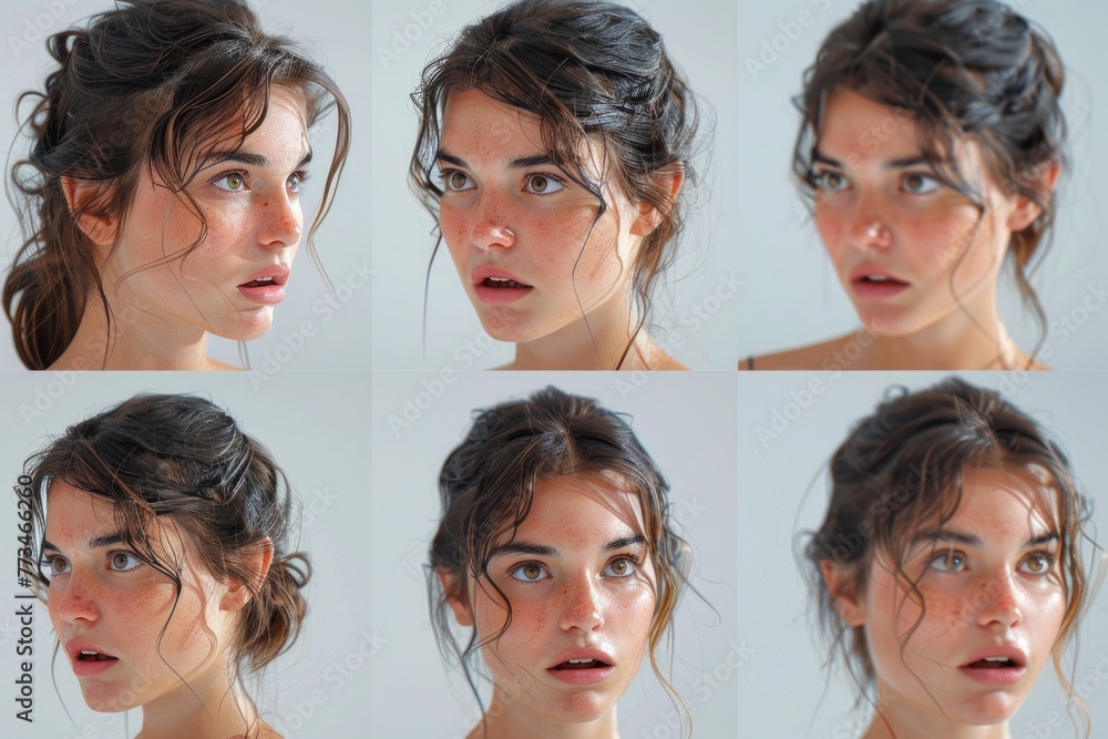 Poster collection of photos showing a woman with various expressions. suitable for illustrating emotions an