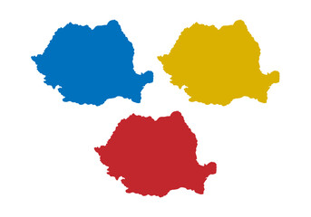 Mapa azul, amarillo y rojo de Rumania en fondo blanco.