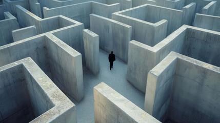 Man inside concrete labyrinth, businessman walks in surreal endless maze, aerial view. Concept of lost, problem, uncertainty, business, obstacle, way and search - obrazy, fototapety, plakaty