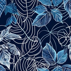 botanical leaf outline and silhouette print modern blue and white --ar 1:1 Job ID: c8fd7e1c-3d65-4839-99f2-313850f7c65a
