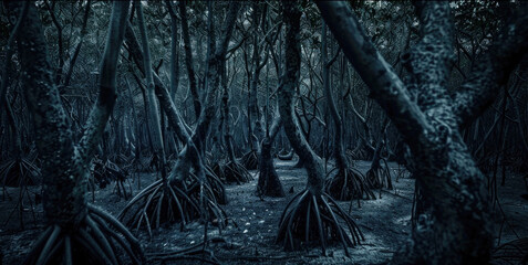 Creepy dark tropical forest, scary woods with strange mangrove trees, gloomy fairy tale jungle. Concept of fantasy, surreal nature, horror, movie, swamp, night, - obrazy, fototapety, plakaty