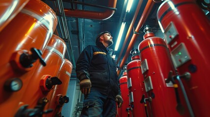A man standing in a room filled with red fire extinguishers. Ideal for fire safety concepts