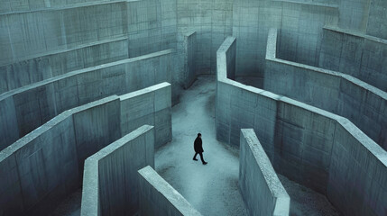 Man inside concrete labyrinth, person walks in surreal endless maze, aerial view. Concept of lost, problem, uncertainty, business, obstacle, way, stress - 773466269