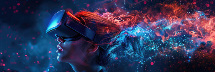 Adult girl wearing VR glasses, young woman playing futuristic headset with smoke on abstract dark background. Concept of technology, virtual reality, future, art, portrait - 773466278