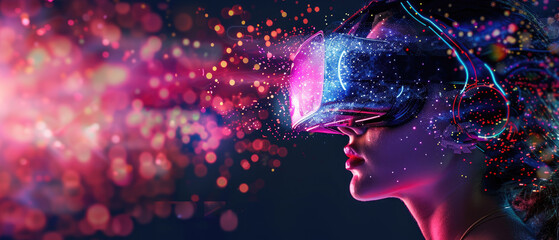Adult girl wearing VR glasses, young person playing futuristic headset on abstract dark background. Concept of technology, virtual reality, future, music, art, portrait. - obrazy, fototapety, plakaty