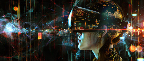 Young woman wearing VR glasses, adult girl playing futuristic headset on panoramic abstract dark background. Concept of digital, technology, virtual reality, future - 773466289