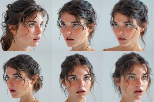 Collection of photos showing a woman with various expressions. Suitable for illustrating emotions and facial expressions
