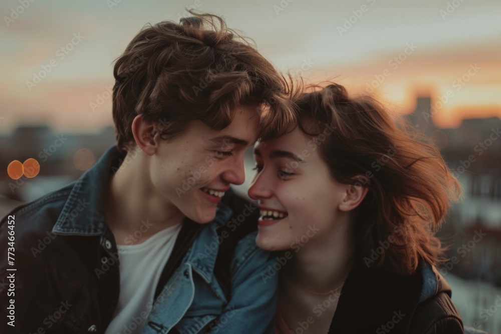 Poster a man and a woman smiling at each other. suitable for various concepts and designs