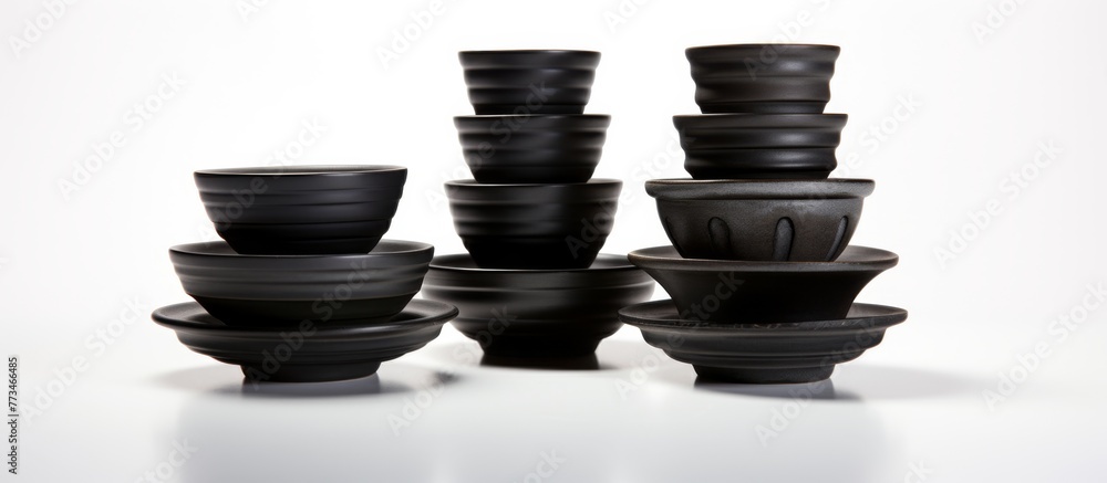 Aufkleber numerous black bowls and cups neatly stacked on top of each other, creating a striking pattern in a 